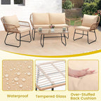 Kromax 4 Piece Patio Bistro Outdoor Furniture Set, Wicker Sofa, 2 Rattan Chairs, and Table, Backyard Conversation Set, All Weather Cushions, Natural Rattan Beige Cushion