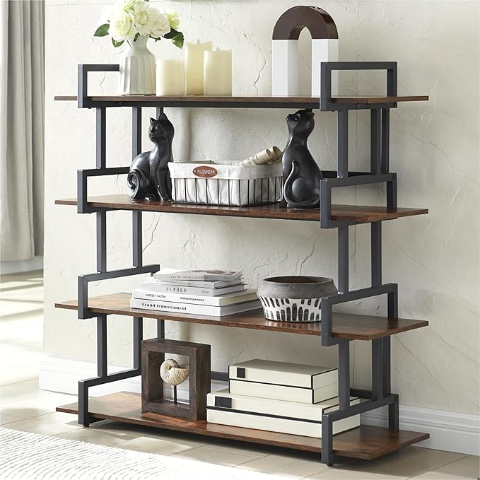 4-Tier Bookshelf-Industrial Bookcase, Rustic Open Book Shelf, Vintage Freestanding Bookshelves, Metal Frame and Solid Wood, Living room, Office, Bedroom Storage