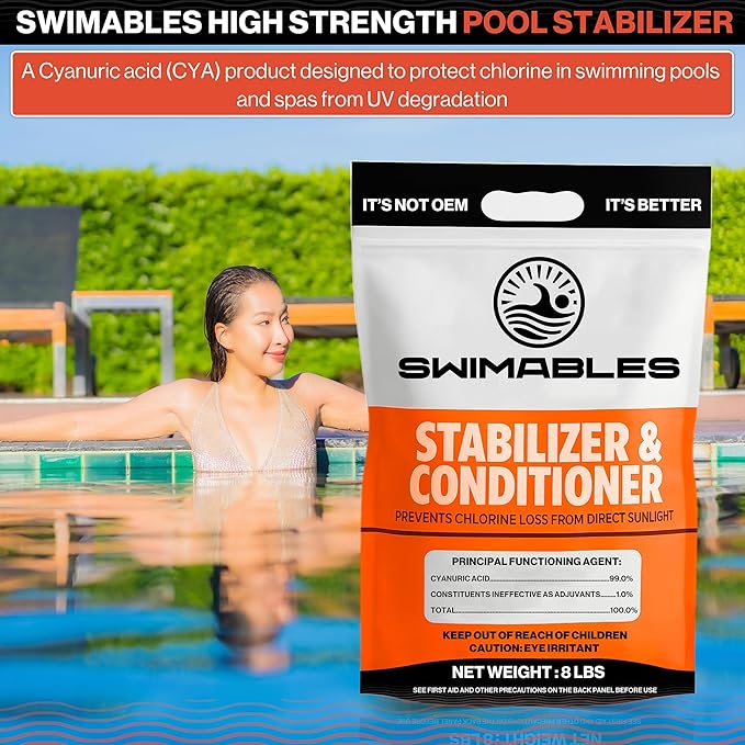 Swimables 8-Pounds Premium Pool Stabilizer & Conditioner, Max Strength Cyanuric Acid for Pools, Spa & Salt Water – Reduces Chlorine Loss, Ideal for Swimming & Hot Tubs