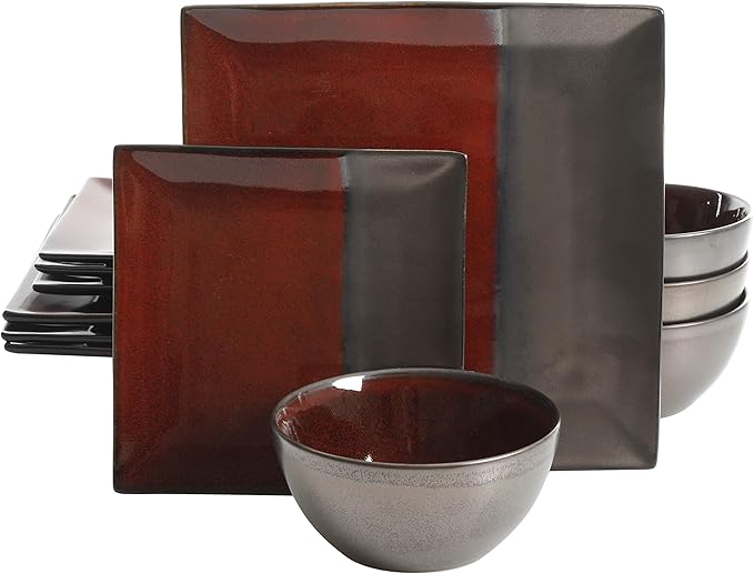 Gibson Elite Decadence 12 Piece Reactive Glaze Dinnerware Set Service for 4, Red with Reactive Metallic Color -