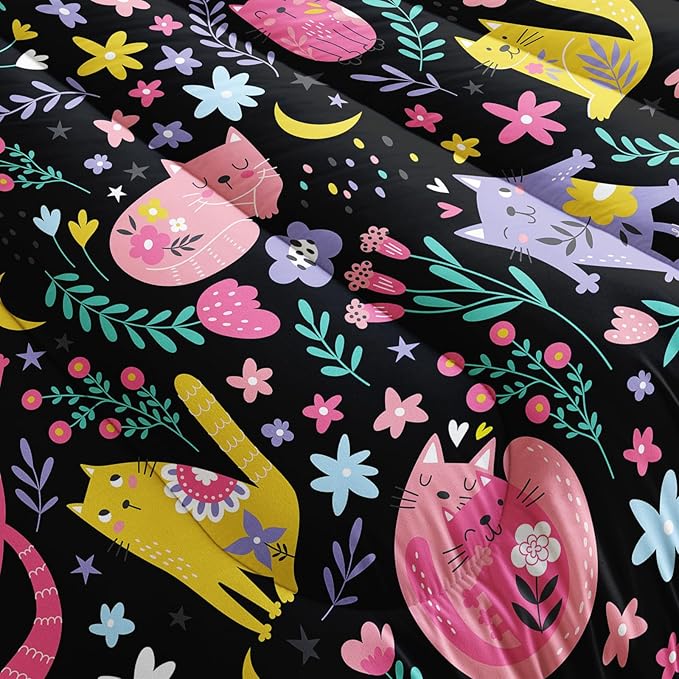 Floral Cat Comforter Queen Size,Black Cats Comforter Set for Kids Teens Girls,3Pcs Bedding Set Printed Comforter with 2 Pillowcases,Down Alternative,Soft and Lightweight(Black，Queen Size)