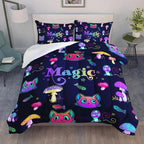 Datura home Mushroom Cat Kids Comforter Bedding Set for Boys Girls, Cartoon Mixed Color Mushroom and Cute Cat Fishbone Pattern Comforter with 2 Pillowcases(Mushroom Cat Full)