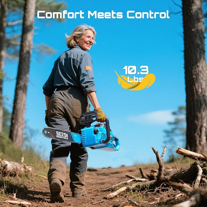 SEESII 40V 16-Inch Cordless Chainsaw: Brushless Electric Chain Saws with 2×4.0Ah Batteries & Charger, Tool-Free Chain Tension, Auto Oiling, for Tree Trimming, Wood Cutting, Yard Work