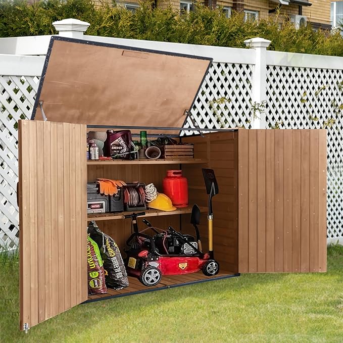 Outdoor Storage Cabinet,Wooden Garden Shed with Metal Frame Structure and Adjustable Shelf,33.3 Cu Ft Horizontal Waterproof Patio Tools Storage Box for Sofa Cushion, Lawn Mower and Garbage Cans