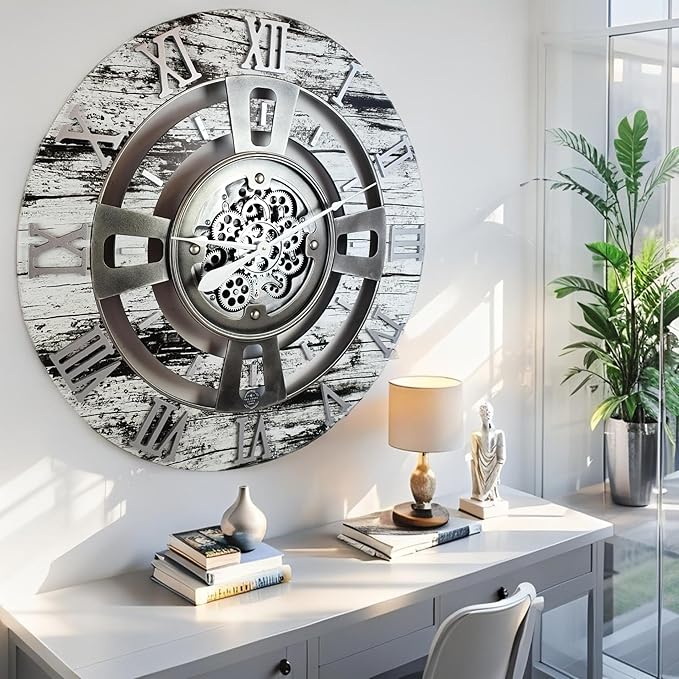 The Gears Clock 24'' Inch Real Moving Gear Wall Clock England Line (Grey & White, 24 inches (60 cm))