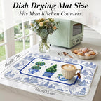 Chinese Blue White Dish Drying Mat for Kitchen Counter Coffee Bar 18x24 in | Chinese Aesthetic Non Slip Absorbent Kitchen Dishes Drainer Mat, with Anti-slip Rubber Backing & Hanging Loop, for Sink
