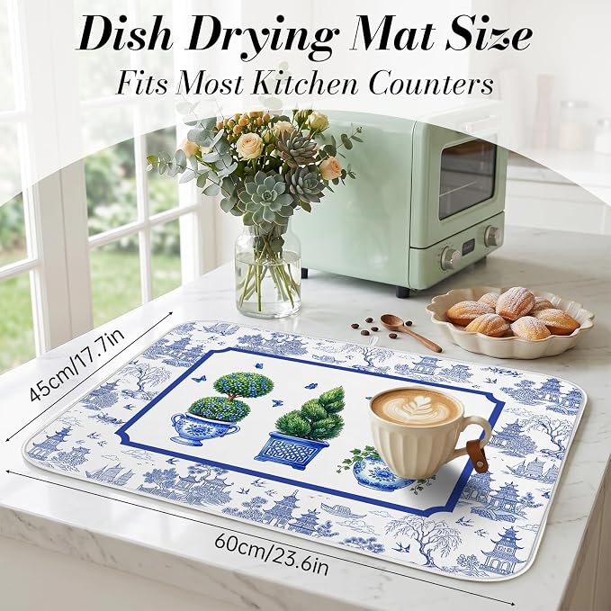 Chinese Blue White Dish Drying Mat for Kitchen Counter Coffee Bar 18x24 in | Chinese Aesthetic Non Slip Absorbent Kitchen Dishes Drainer Mat, with Anti-slip Rubber Backing & Hanging Loop, for Sink