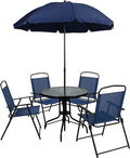 Flash Furniture Nantucket 6-Piece Patio Dining Set with Glass Table, 4 Folding Chairs, and Umbrella, Outdoor Patio Table, Chairs, Umbrella Set, Navy
