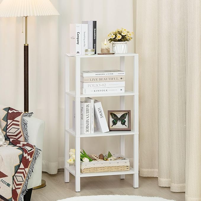 4 Tier Tall Wooden Bookshelf with Storage, Narrow Bookcase for Small Space, Small Book Shelf for Living Room, Office, Bedroom, Kitchen, Industrial, White
