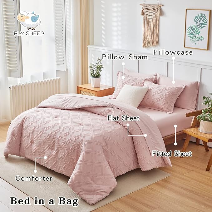 7 Pieces Tufted Bed in a Bag King Comforter Set with Sheets Blush, Soft and Embroidery Shabby Chic Boho Bohemian, Luxury Solid Color with Diamond Pattern, Jacquard Tufts Bedding Set for All Season