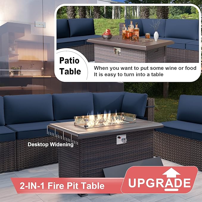 Patio Furniture Set with Fire Pit Table 13 PCS Outdoor Sectional Furniture Outdoor Rattan Patio Conversation Sets with 43in 55,000 BTU Propane Gas Fire Pit Table Glass Table, Navy Blue
