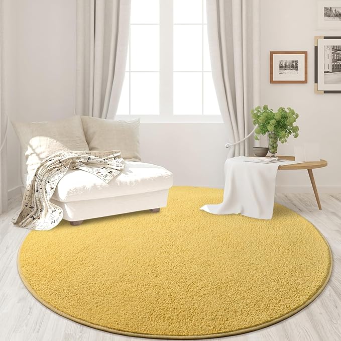 Round Area Rugs for Bedroom Living Room, 4x4 Yellow Super Soft Comfy Thickened Memory-Foam Indoor Circle Carpets, Modern Aesthetic Minimalist Carpet for Boys Girls Adults Nursery Home Décor