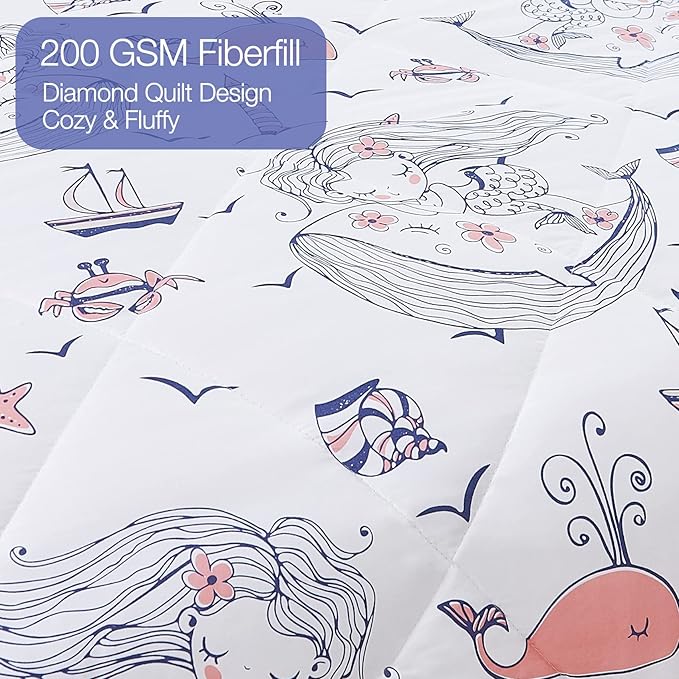 JSD Girls Mermaid Twin Comforter Set for Girls, 2 Piece Kids Printed Comforter with Pillow Sham, Soft Comfortable Machine Washable