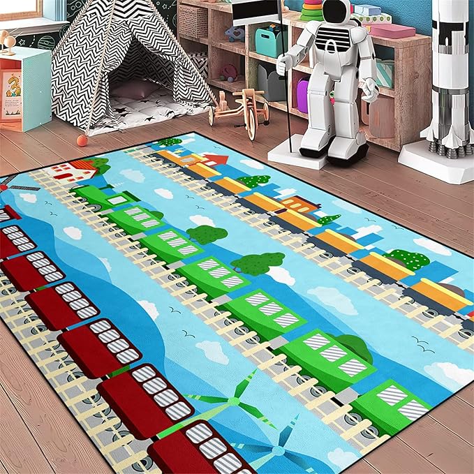 Train Rug Car Rug Play Mat Truck Rugs for Boys Room Kids Car Rug Truck Car Rug Car Carpet for Kids Kids Rugs for Playroom Car Rug for Boys Room,Light Blue 4'×5'