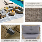 9 Pieces Outdoor Furniture Half Moon Wicker Patio Sets with Coffee Table, All-Weather Fan-Shaped Curved Sectional Sofa Couch with Gray Cushions, Onesize, Brown Rattan