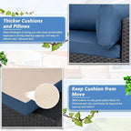 Shintenchi 7 Pieces Outdoor Patio Sectional Sofa Couch, Black Wicker Furniture Conversation Sets with Washable Cushions & Glass Coffee Table for Garden, Poolside, Backyard (Aegean Blue)