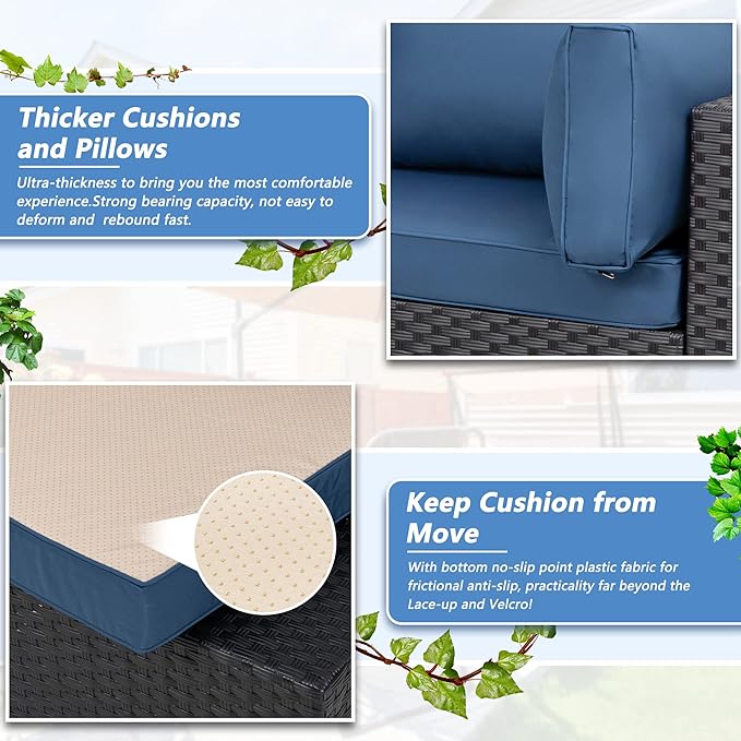 Shintenchi 7 Pieces Outdoor Patio Sectional Sofa Couch, Black Wicker Furniture Conversation Sets with Washable Cushions & Glass Coffee Table for Garden, Poolside, Backyard (Aegean Blue)