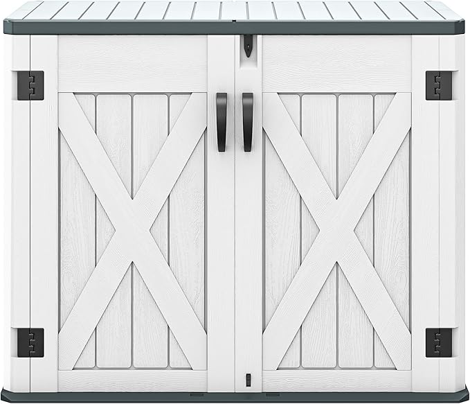 DWVO Outdoor Storage Shed, Weatherproof Resin, 35 Cu Ft Capacity, Horizontal Design, X-Shaped Lockable Door, Suitable for Bike, Garden Tools, Trash Cans, Light Gray