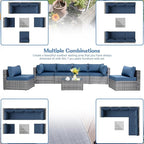 Shintenchi 7 Pieces Outdoor Patio Sectional Sofa Couch, Silver Gray PE Wicker Furniture Conversation Sets with Washable Cushions & Glass Coffee Table for Garden, Poolside, Backyard (Aegean Blue)