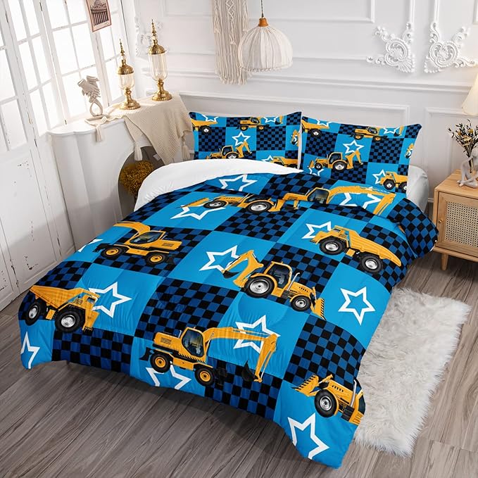 Axolotl Excavator Comforter Set Queen Size,Blue Plaid Comforter Set with Star,Excavator Bedding Set for Kids Boys Teens,Construction Vehicle Comforter Set for Boys,1 Quilt 2 Pillowcases
