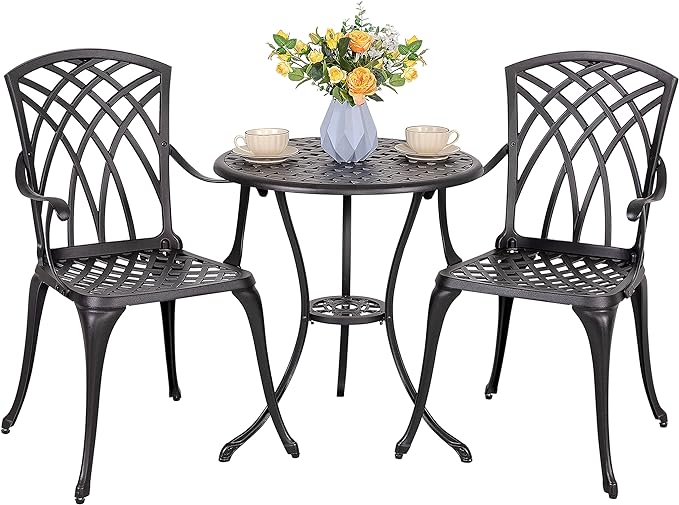 NUU GARDEN Patio Bistro Sets 3 Piece Cast Aluminum Bistro Table and Chairs Set with Umbrella Hole Bistro Set of 2 for Patio Backyard, Black
