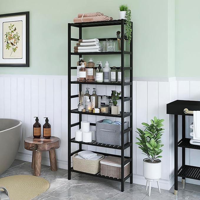 Bamboo Bookshelf, 6-Tier Tall Open Bookcase with Adjustable Shelves, Floor Standing Storage Shelf Unit for Living Room Bathroom Home Office, Black
