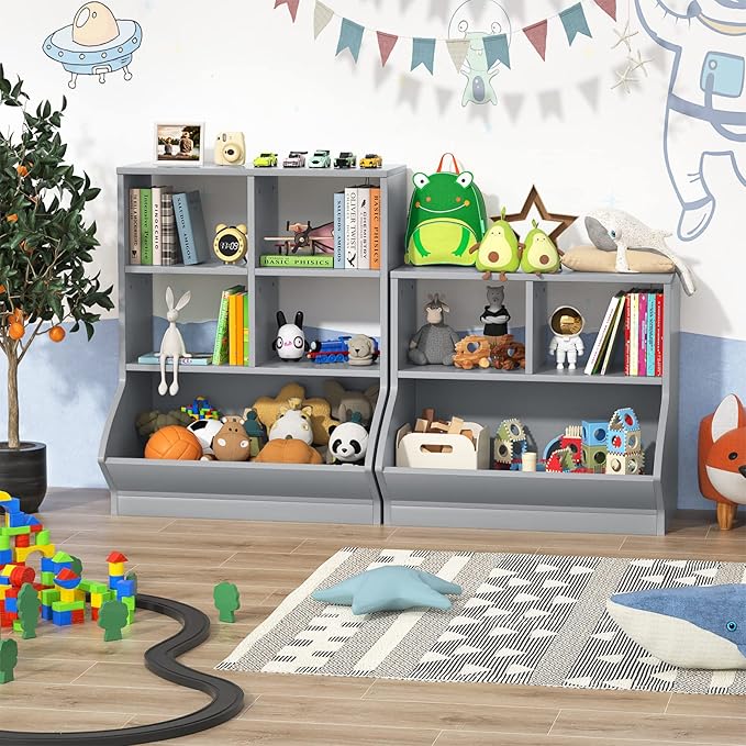 Aheaplus Toy Storage Organizer with Bookcase, 3 Cubby Bookshelf Toy Storage Cabinet, Open Multi-Bins Toys&Books Storage Display Organizer for Playroom, Bedroom, Nursery, School, Grey