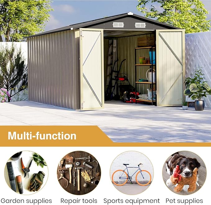 Patiowell 12 x 8 FT Outdoor Storage Shed, Steel Shed Storage House with Design of Lockable Doors, Utility and Tool Storage for Garden, Patio, Backyard, Outside use, Brown