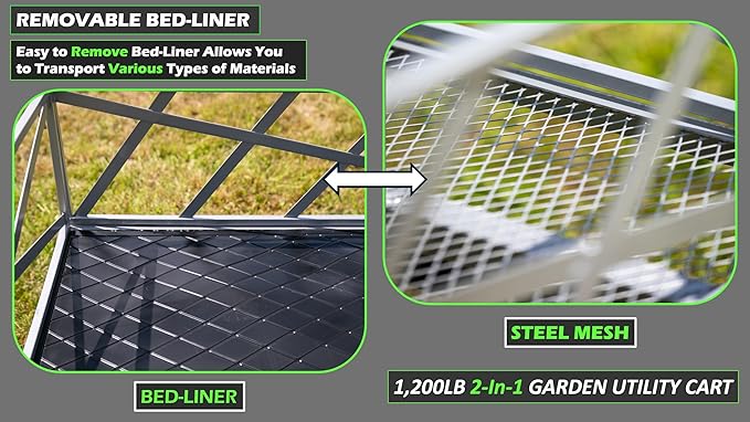 Yard Commander - Heavy Duty 1200lb Steel All Terrain Utility Cart, Garden Wagon, 9 cu ft Bed, Easy Assembly, Removable Side Panels, 45° Dump Angle, 2-in-1 Convertible Handle for Towing