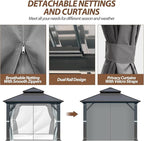 9.5' x 9.5' Hardtop Gazebo, Galvanized Steel Double Roof Gazebo with Nettings and Curtain Outdoor Aluminum Frame Vertical Stripes Roof Gazebos for Patio, Deck,Backyard