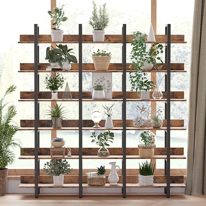IRONCK Bookcase and Bookshelves Triple Wide 6-Tiers Large Open Shelves, Etagere Bookcases with Back Fence for Home Office Decor, Easy Assembly, Vintage Brown