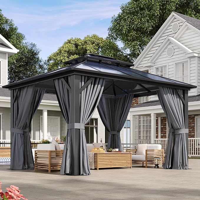 Aoxun 10'x12' Hardtop Gazebo, Aluminum Frame Permanent Pavilion with Curtains and Netting, Outdoor Polycarbonate Double Roof Canopy, Designed for Garden, Lawns, Patio