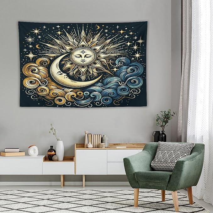 HZOHNAGO Sun Moon Tapestry Boho Golden Stars Pattern Printed Wall Tapestry Wall Hanging for Bedroom Living Room Dorm 60" W x 40" H