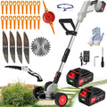Electric Weed Wacker Cordless Eater Battery Powered Eater Lightweight Edger Portable Stringless Grass Trimmer/Lawn Mower/Brush Cutter, with 3 Types Blades & Wheels for Yard and Garden-Grey