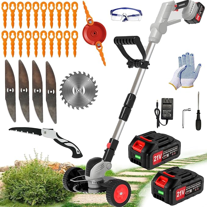 Electric Weed Wacker Cordless Eater Battery Powered Eater Lightweight Edger Portable Stringless Grass Trimmer/Lawn Mower/Brush Cutter, with 3 Types Blades & Wheels for Yard and Garden-Grey