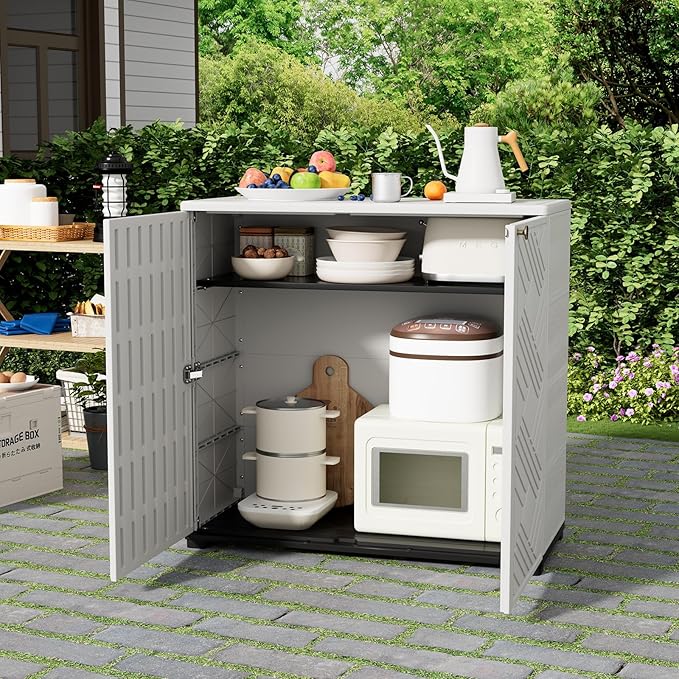 HOMSPARK Indoor/Outdoor Storage Cabinet with Doors and 1 Shelf, 34”x15”x34” HDPE Plastic Storage Box for Patio, Garden, Enterway, Balcony, Multi-Purpose for Daily Tools, White