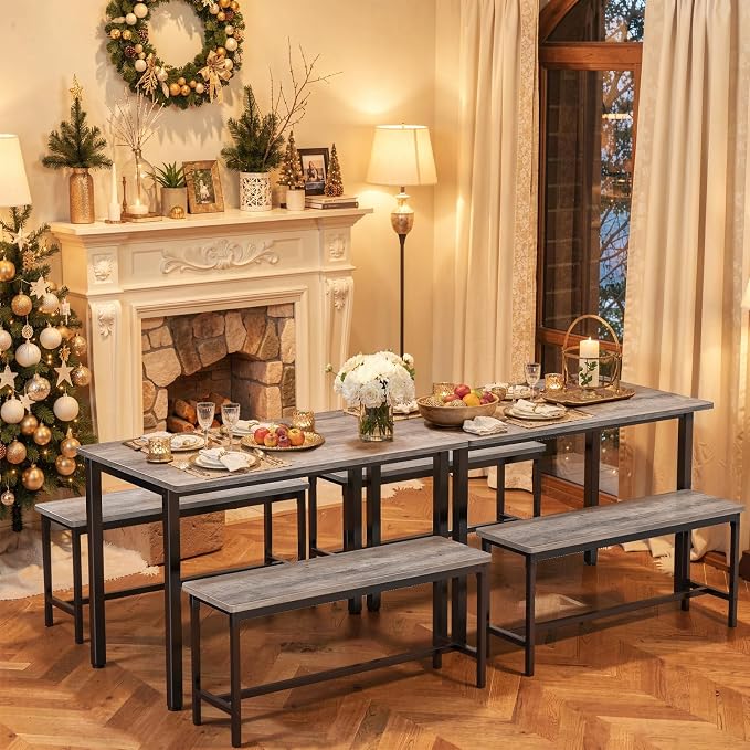 Dining Table Set for 4, Kitchen Table with 2 Benchs, Grey | Modern Functional 3 Piece Space-Saving Dining Room Table Set for Apartment, Breakfast Nook, Small Space