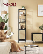 VASAGLE 6-Tier Bookcase, Bookshelf with Rattan-Like Door, Boho Style, Freestanding 15.7-Inch Wide Storage Shelf, Metal Frame, Adjustable Shelf, for Living Room, Ebony Black and Matte Black ULLS122B56