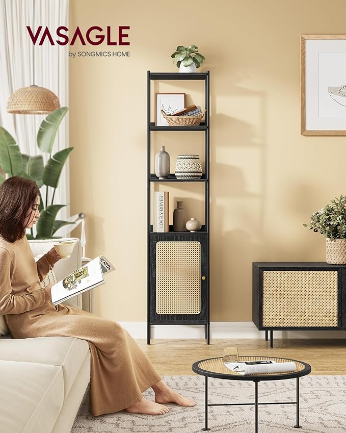 VASAGLE 6-Tier Bookcase, Bookshelf with Rattan-Like Door, Boho Style, Freestanding 15.7-Inch Wide Storage Shelf, Metal Frame, Adjustable Shelf, for Living Room, Ebony Black and Matte Black ULLS122B56