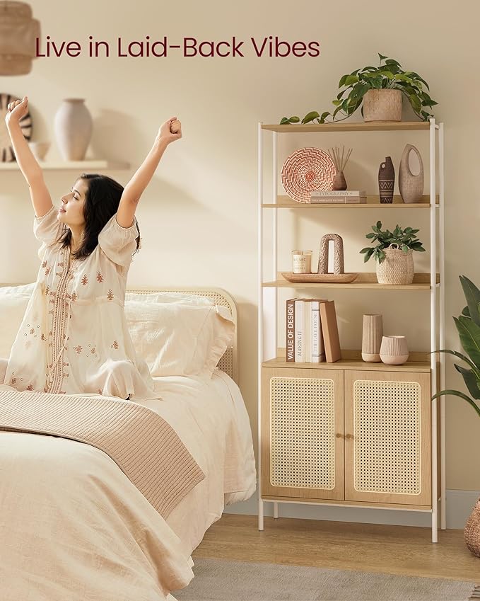 VASAGLE 6-Tier Bookcase, Bookshelf with Rattan-Like Door, Boho Style, Freestanding 30.1-Inch Wide Storage Shelf, Metal Frame, Adjustable Shelf, for Living Room, Oak Beige and Pearl White ULLS124W57