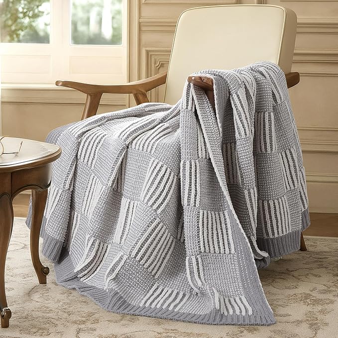Amélie Home Chenille Knit Throw Blanket for Couch, Checkered Texture Decorative Soft Blanket for Sofa, Bed & Living Room, 50"x60", Grey & White