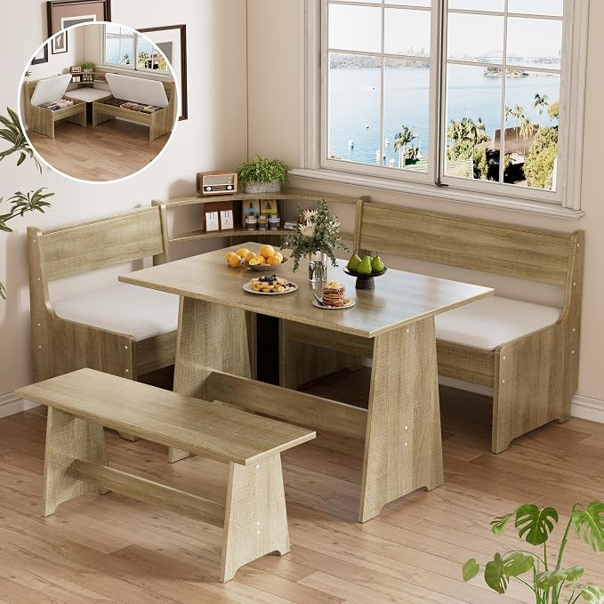 PAKASEPT Corner Breakfast Nook Table Set Kitchen Bench with Soft Cushion | Farmhouse Wood Dining Set,Reversible L-Shaped Corner Bench,Lift-Top Hidden Storage,Soft Padded Cushions,Space-Saving Design