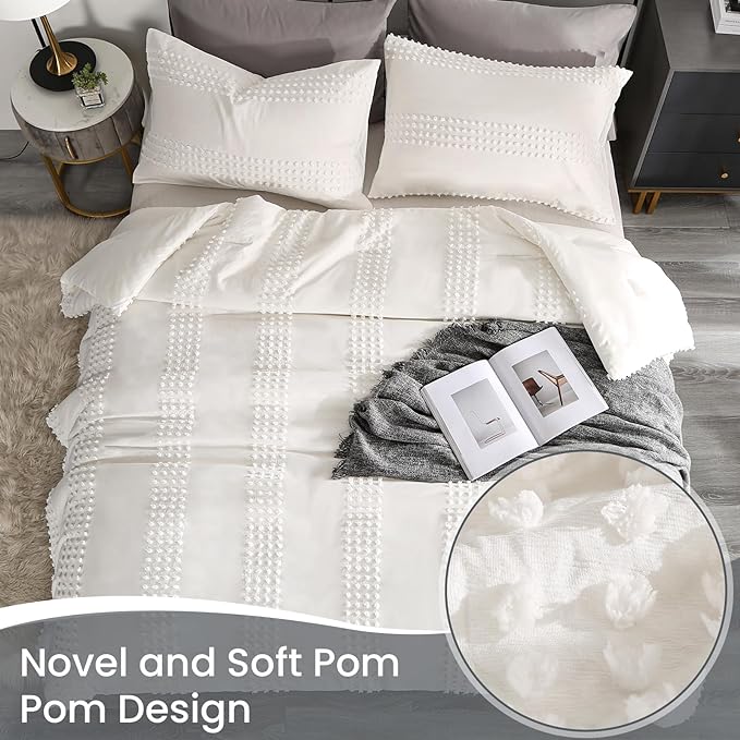 ENJOHOS Girls Twin Bedding Set White Twin XL Comforter, 3 PCS Boho Comforter with Tufted Dots, Shabby Chic Bedding Comforter for All Season, Lightweight Fluffy Microfiber Comforter with 2 Pillowcases