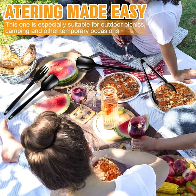 20Pcs Disposable Plastic Serving Utensils for Parties, Buffet Serving Utensils Set-8 Black Plastic Serving Spoons, 4 Tongs and 8 Forks for Catering, Entertaining and Parties
