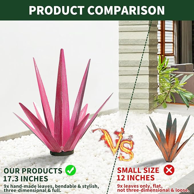Large Tequila Rustic Sculpture, Rustic Metal Agave Plants for Outdoor Patio Yard, Home Decor Hand Painted Metal Agave Garden Yard Statue, Outdoor Lawn Ornaments Yard Stakes (Rose Red - M)