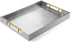 17" x 12" Wood Serving Tray with Gold Polished Metal Handles, Home Decorative Wooden Rectangle Ottoman Leather Decor Platter Bathroom Vanity Tray for All Occasions Alligator Silvery