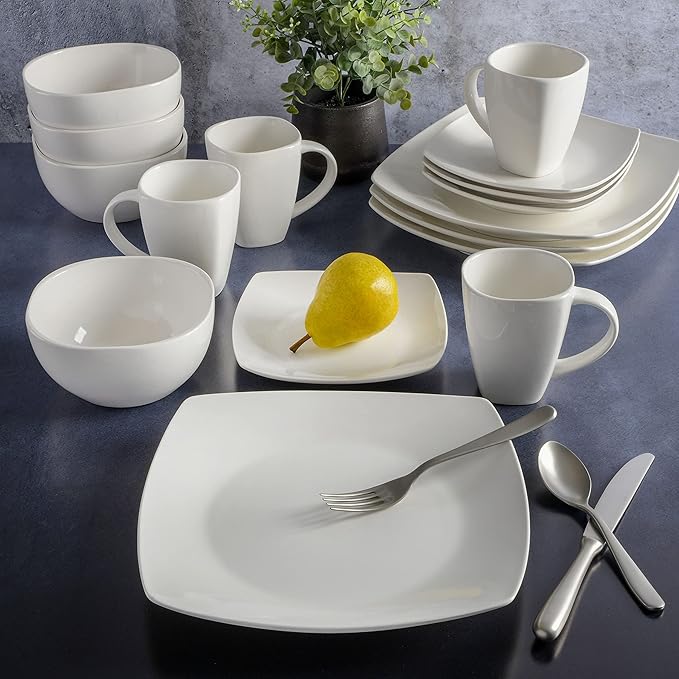 Gibson Soho Lounge Square Porcelain Chip and Scratch Resistant Dinnerware Set, Service for 4 (16pc), White