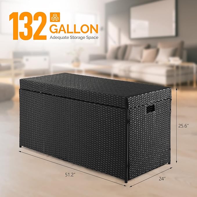 VINGLI Upgraded Version 132 Gallon Outdoor Storage Box, Patio Rattan Deck Box, Wicker Storage Bench for Indoor, Outdoor, Pool, Balcony, Yard, Garden, Black