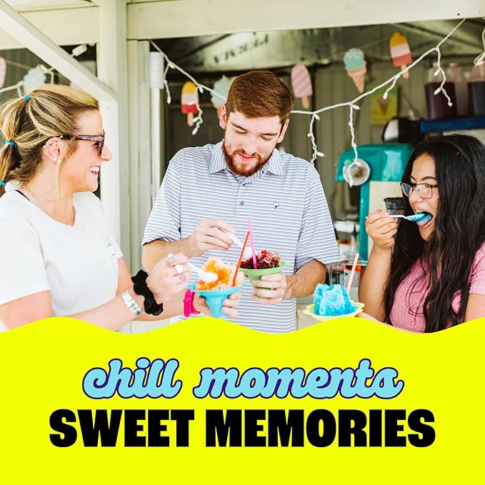 Hawaiian Shaved Ice Machine Kit - 3 Flavors, 25 Cups, Straws, Pourers, Ice Molds