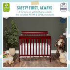 Aden 4-in-1 Convertible Mini Crib In Cherry, Greenguard Gold Certified, Non-Toxic Finish, New Zealand Pinewood, With 3 Mattress Height Settings
